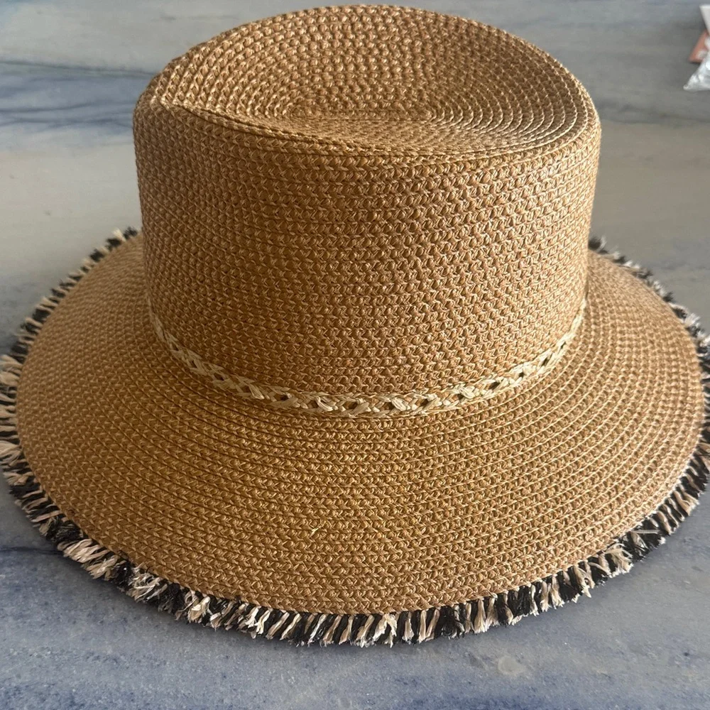 Eric Javits Braided Natural Straw Fedora with Black-and-Natural Fringed Trim - Picture 3 of 3